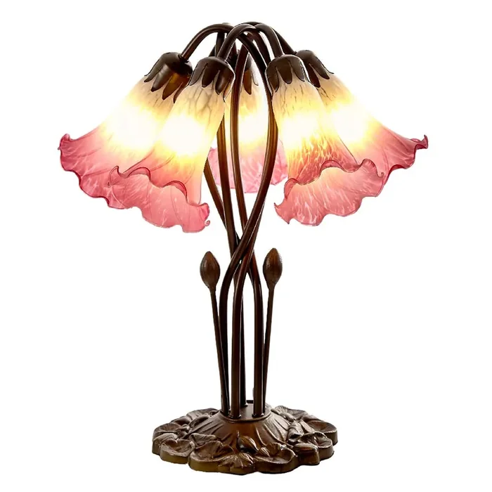 White Pink Tiffany Glass Vintage Lily 5 Arm Table Lamp 48cm