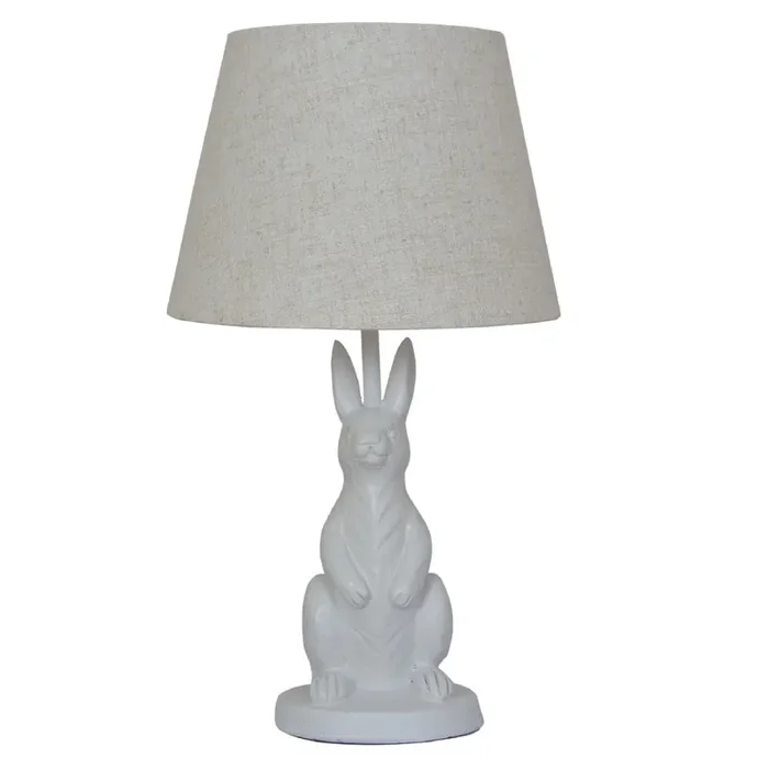 White Resin Sitting Rabbit Table Lamp with Natural Linen Shade 43cm