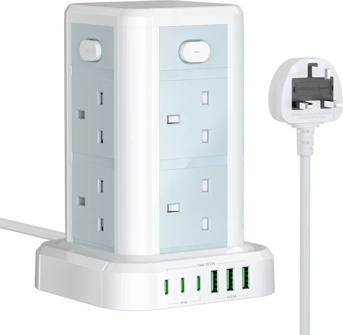 White Tower Extension Lead, 8-Way 3250W with 3 USB-C & 3 USB-A, 4 Switches & 1.8M Cable