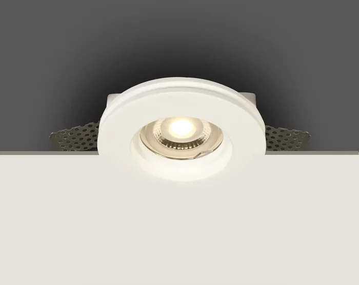 White Trimless Gypsum Recessed mains spot with GU10 lampholder.