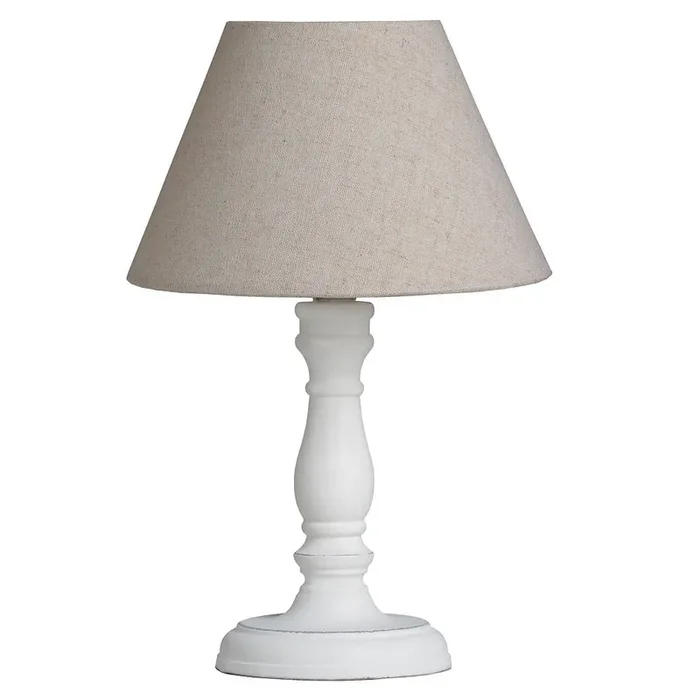 White Washed Wood Vintage Rustic Table Lamp with Oatmeal Fabric Shade 30cm