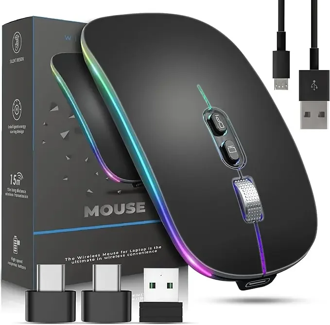Wireless Mouse with 2.4G & Bluetooth, RGB Ergonomic Design, Smart Button, Adjustable 800–1600 DPI, for Laptop & Computer