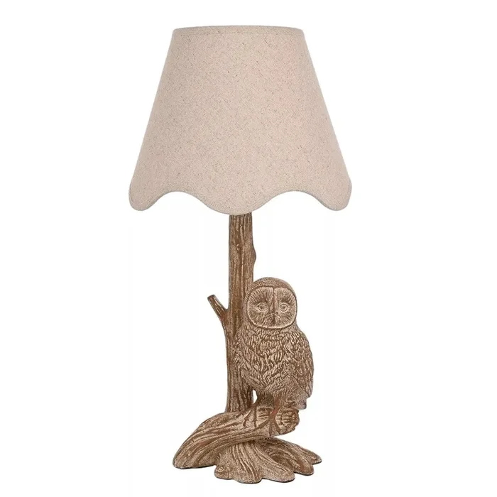 Wood Effect Perching Owl Table Lamp with Beige Fabric Tapered Shade 46cm