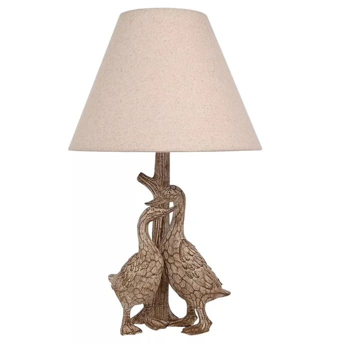 Wood Effect Resin Pair of Ducks Table Lamp with Linen Drum Shade 46cm