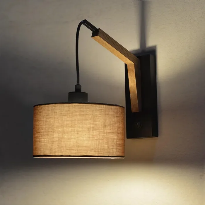 Wooden Wall Light with Switch – E27 Fabric Shade Wall Lamp, Vintage Modern Indoor Wall Sconce