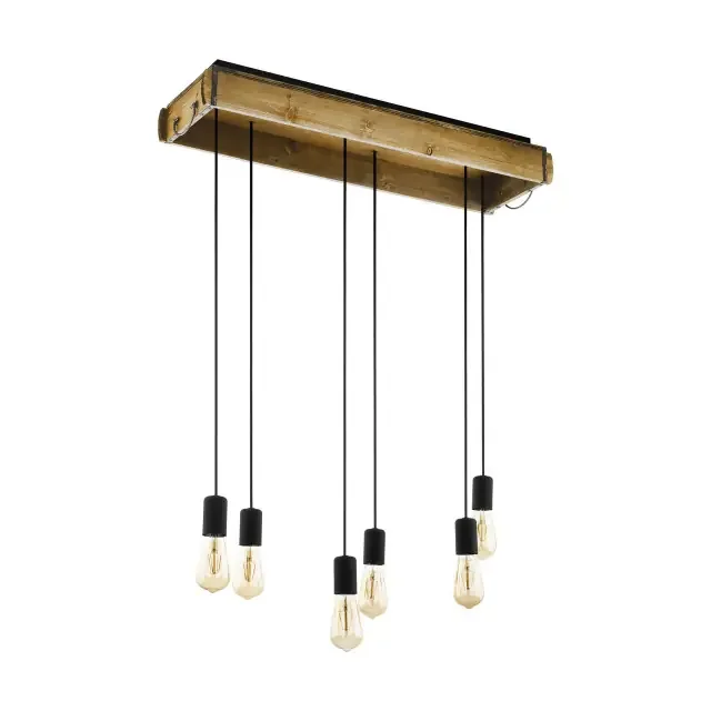 Wootton 6 Light Black with Wood Crate Bar Pendant Light